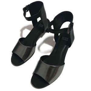Eileen Fisher Pewter Black Mirror Leather Sandal